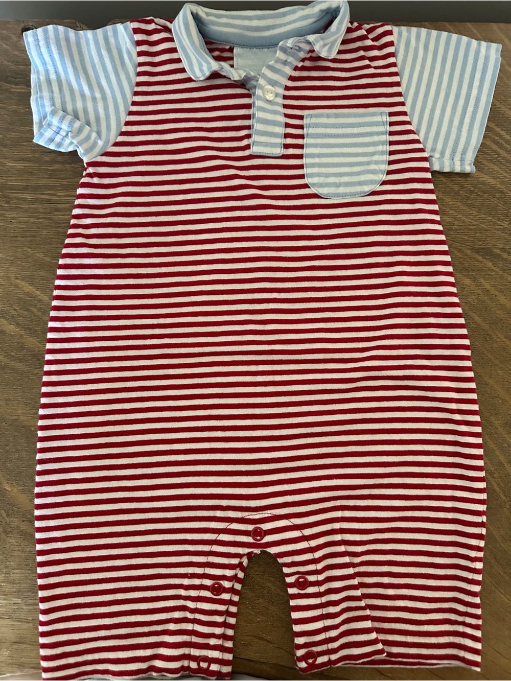 Little English Red & White Striped Baby Romper with Light Blue Accents